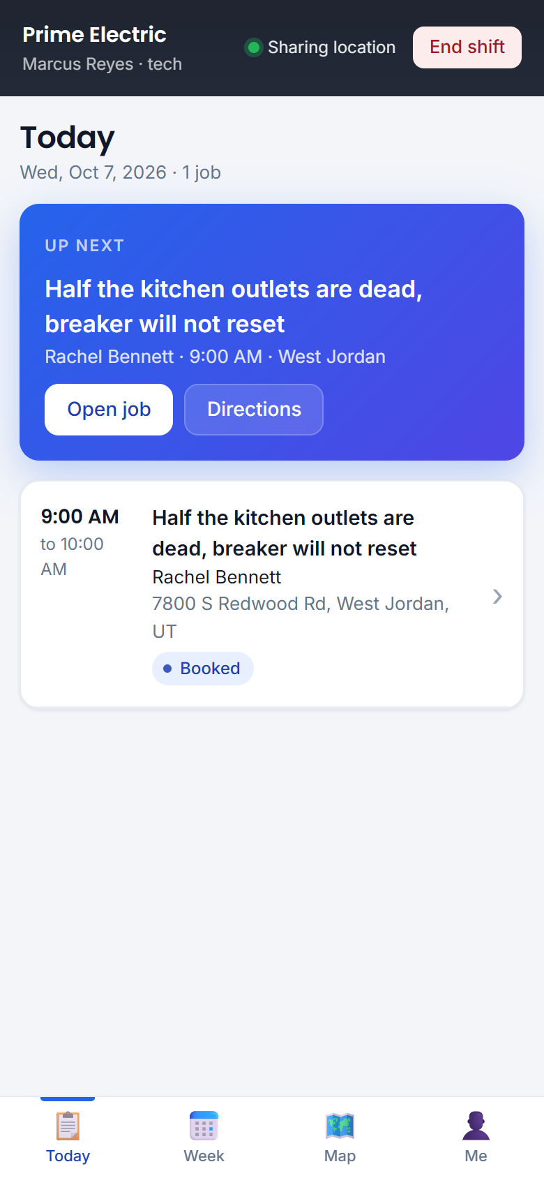 Technician app — today's jobs