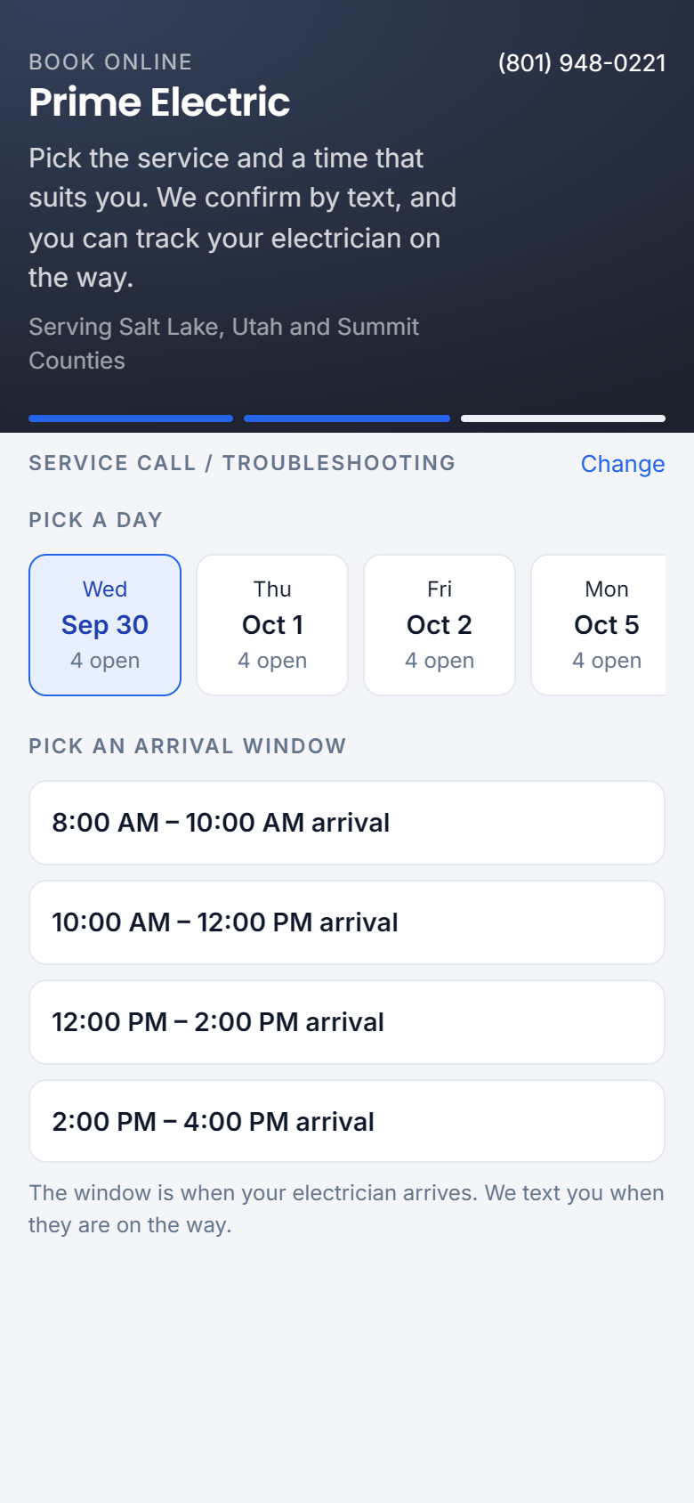 Online booking — pick an arrival window