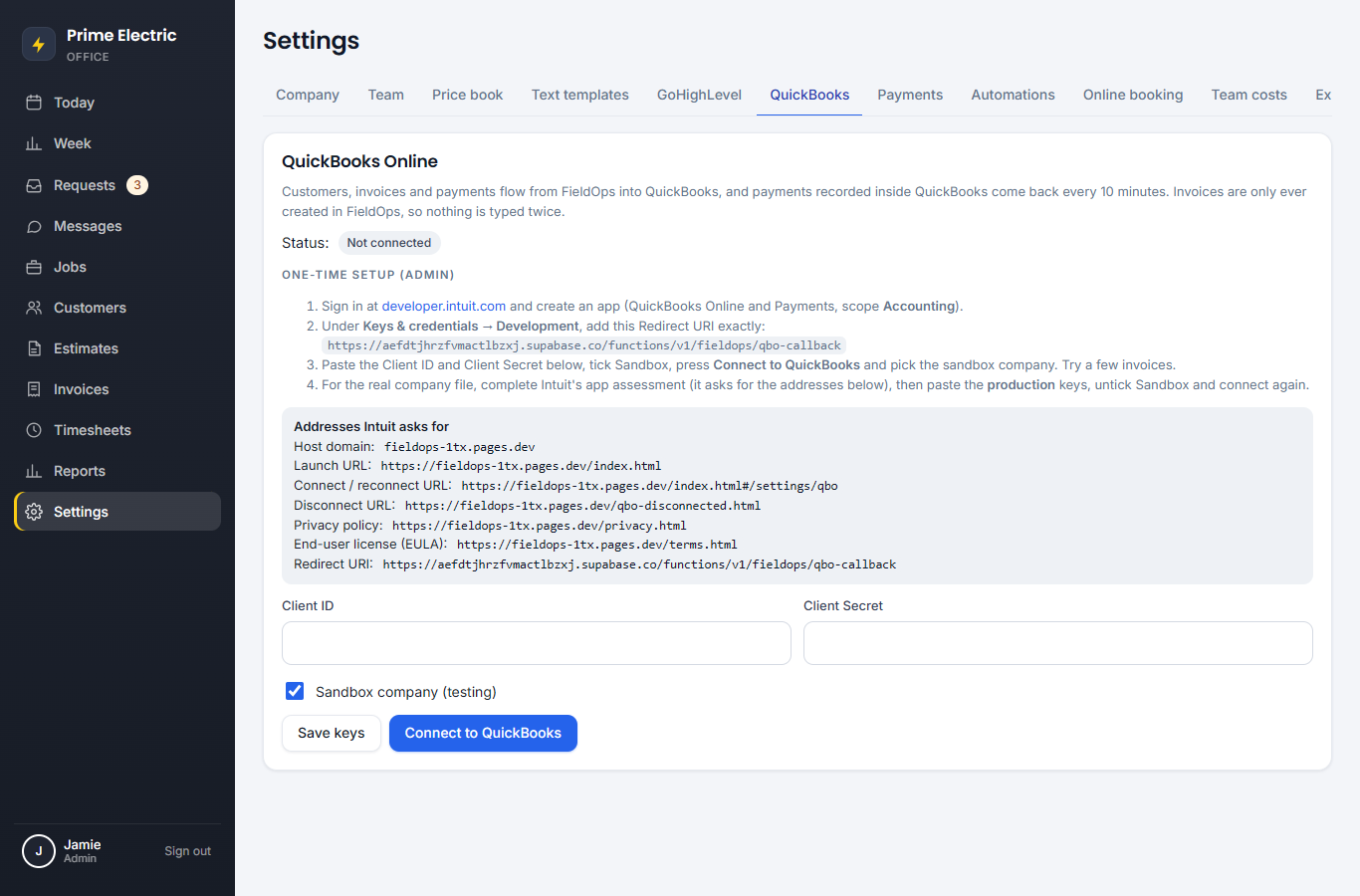 QuickBooks connection settings
