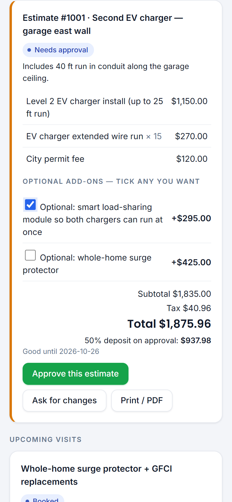 Customer approves an estimate with add-ons