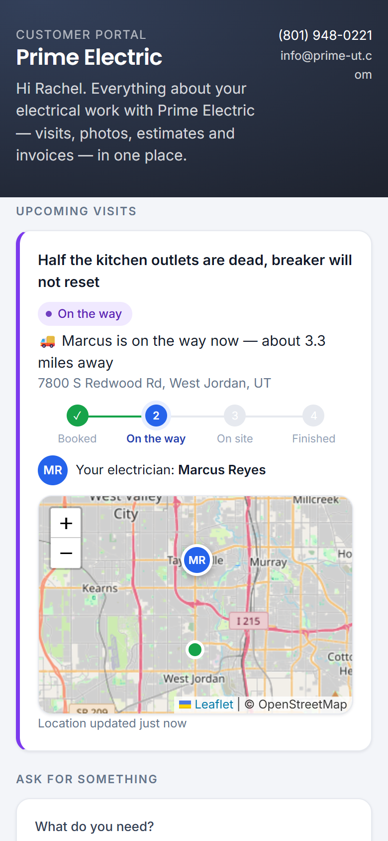 Customer page — watch the electrician arrive