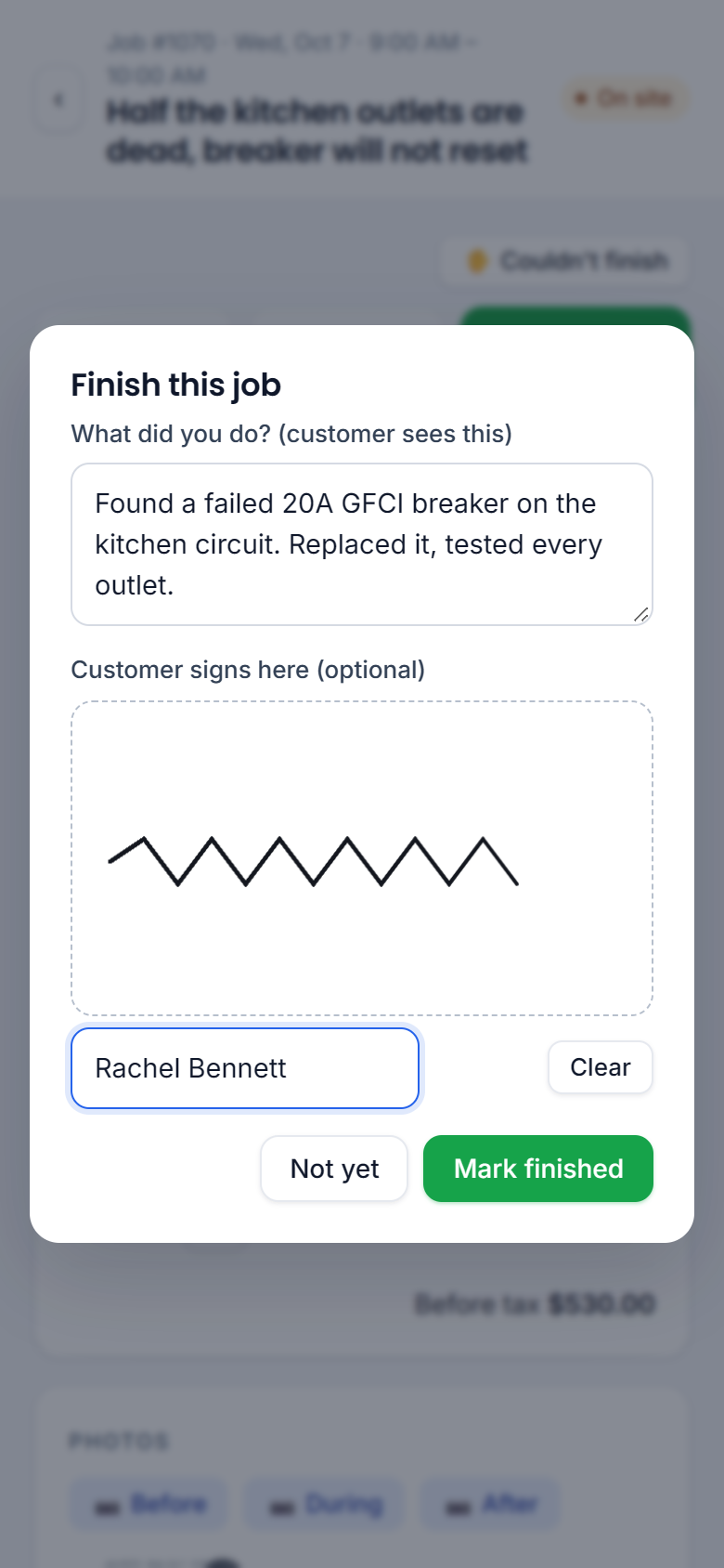 Tech app — finish and signature
